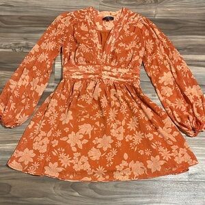 Lulus Gleaming Garden Rust Orange Floral Print L/S Mini Dress Women’s Sz. S